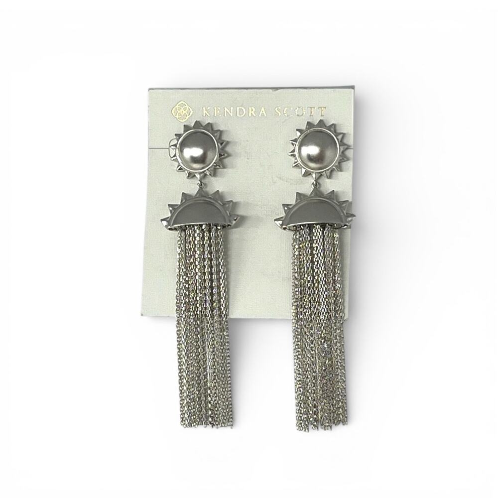 Kendra Scott Sienna Rhodium Plated Sunburst Tassel Fringe Earrings Silver NWT